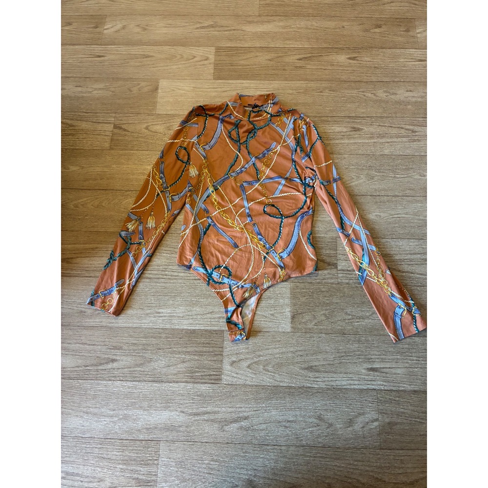 IRIS Womens Mock Neck Long Sleeve Bodysuit Terracotta Chain Rope Print Large